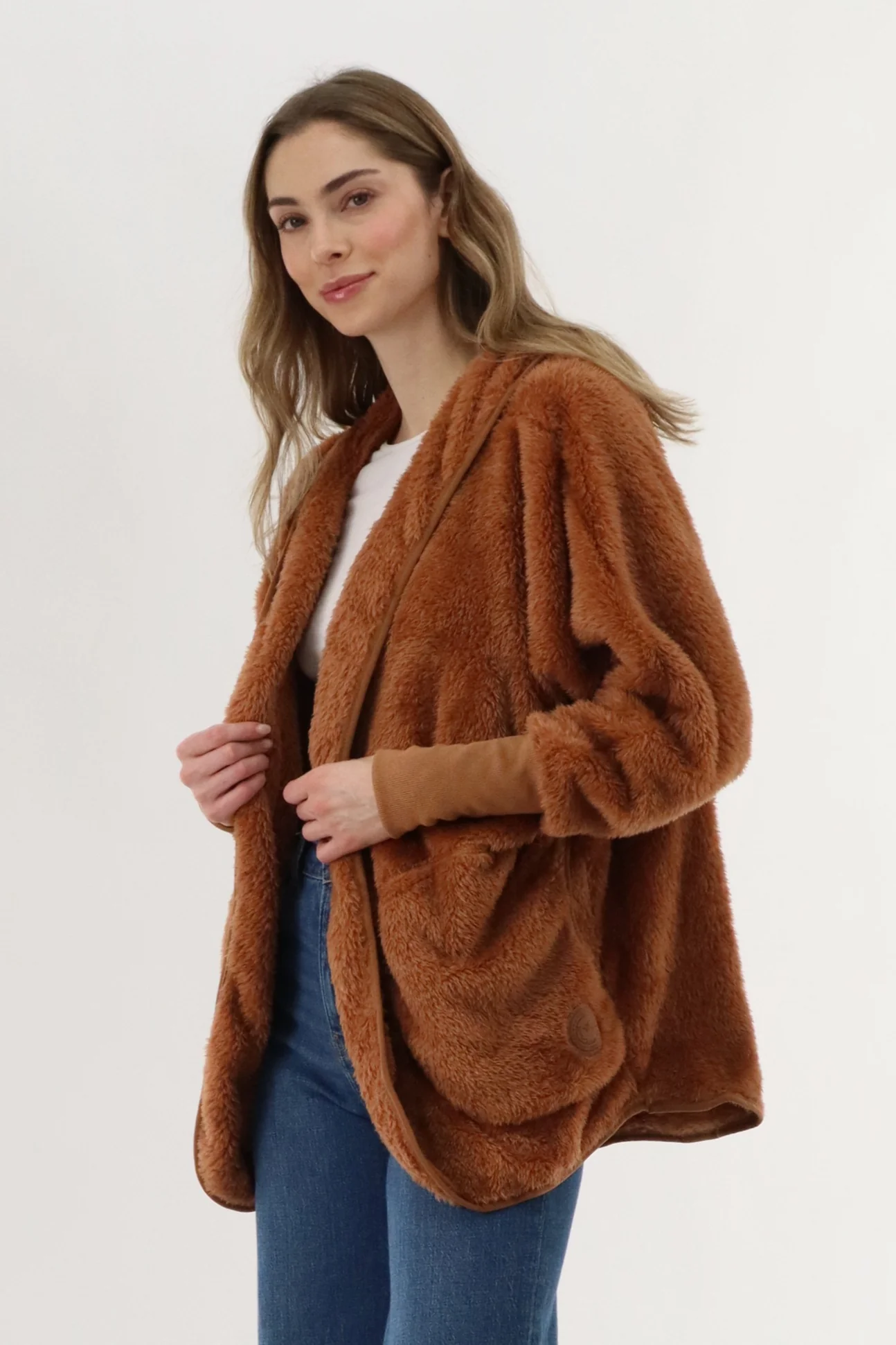 Open Front Teddy Cardigan - Brown - Image 2