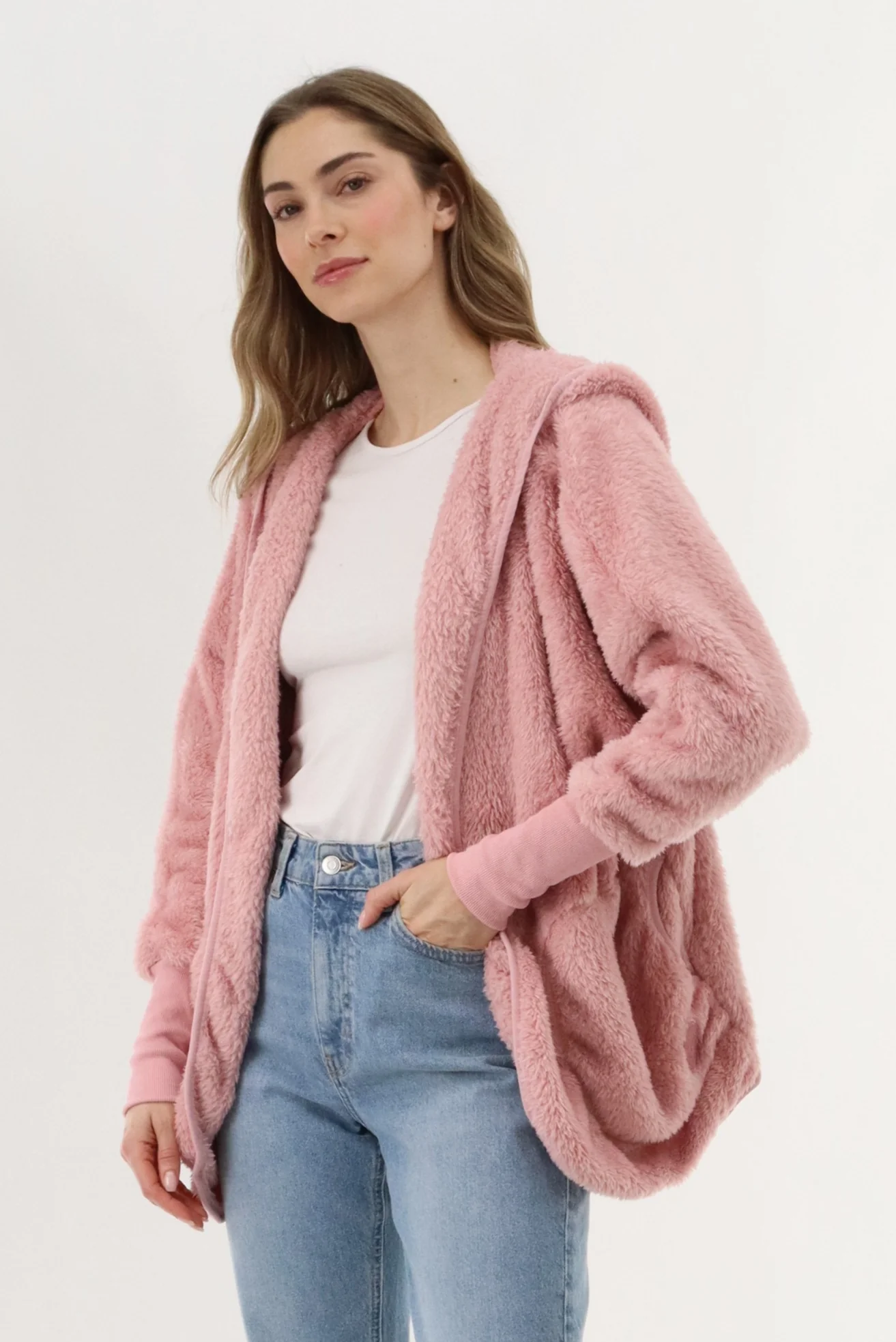 Open Front Teddy Cardigan - Pink - Image 2