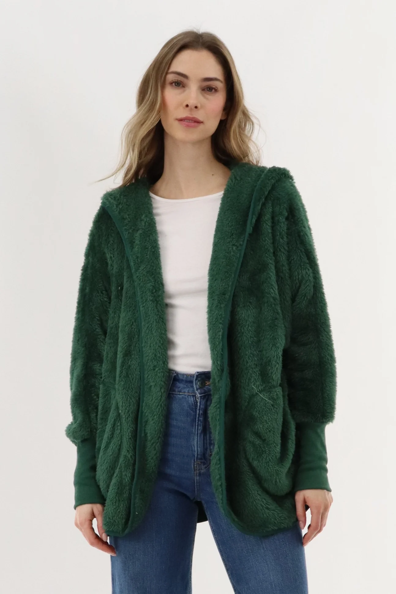 Open Front Teddy Cardigan - Green