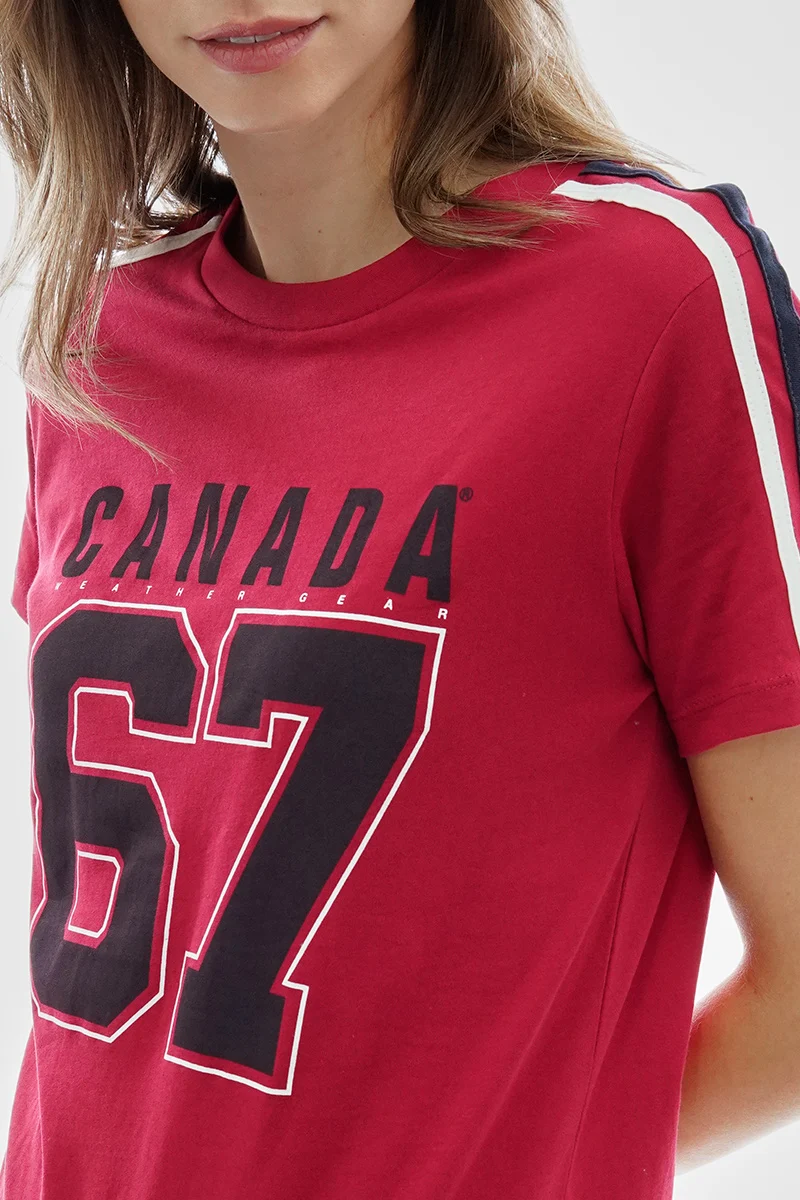 67 Print Stripe Detail Tee - Red - Image 4