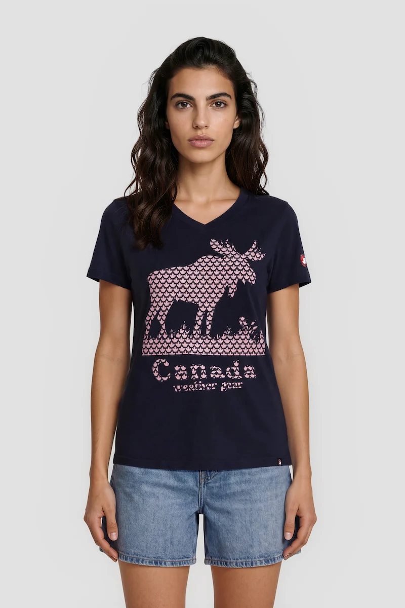 V-Neck Short Sleeve Printed Tee - Navy