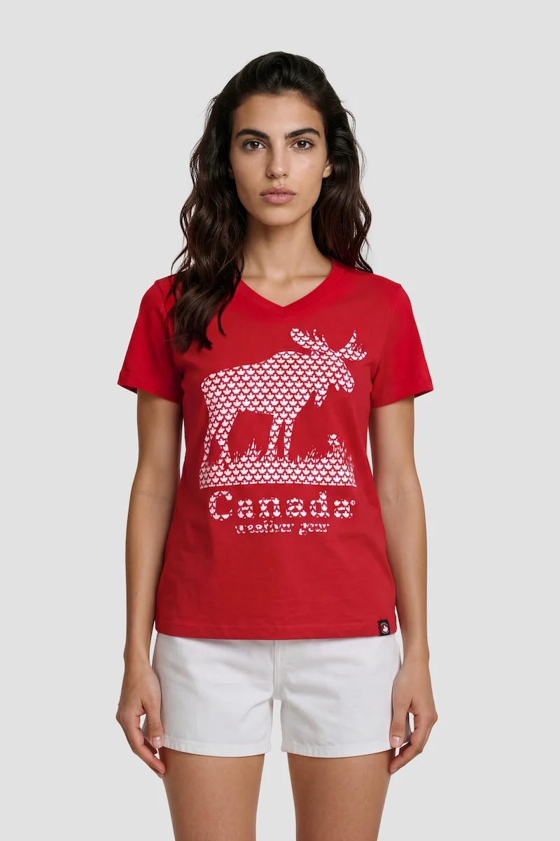 V Neck Short Sleeve Printed Tee - Red