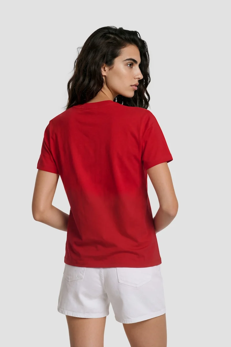 V Neck Short Sleeve Printed Tee - Red - Image 2