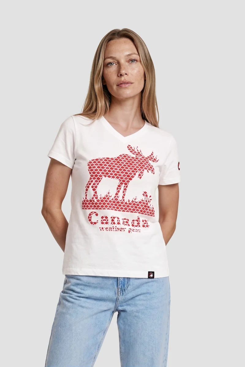 V-Neck Short Sleeve Printed Tee - White
