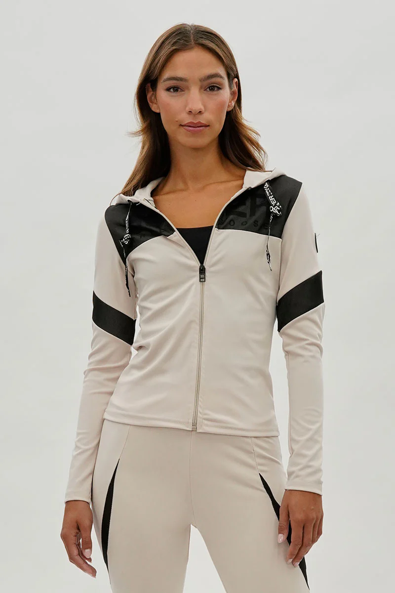 Zip Up Mesh Detail Hoodie - Beige