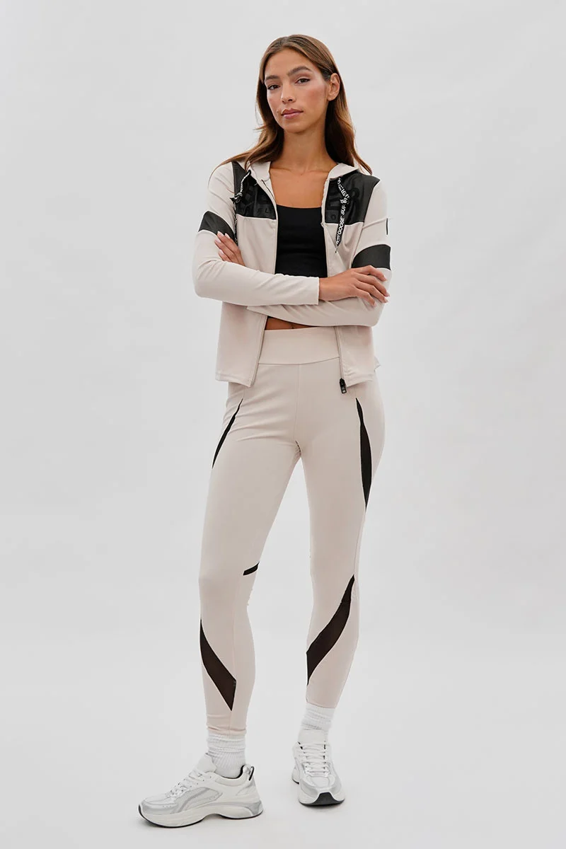 Zip Up Mesh Detail Hoodie - Beige - Image 5
