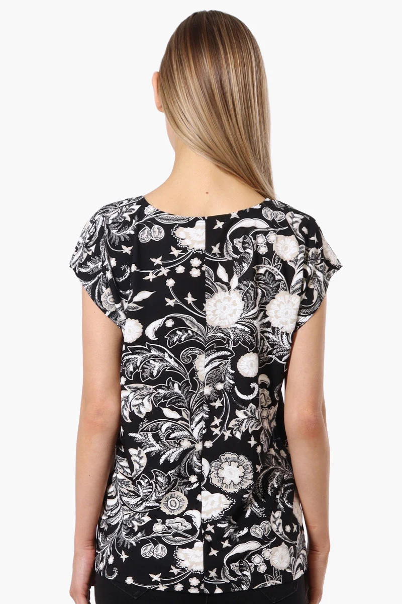 Patterned Cap Sleeve Circle Neck Tee - Black - Image 3