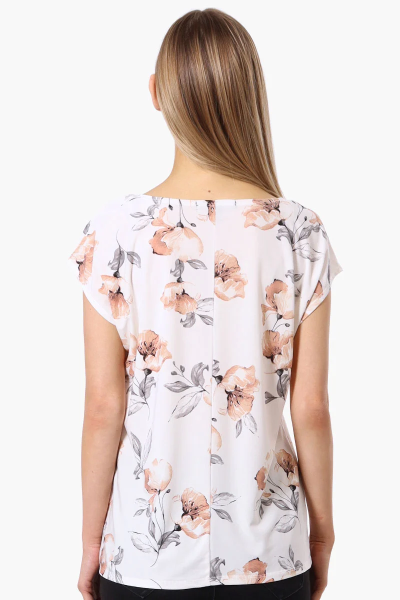 Floral Cap Sleeve Circle Neck Tee - White - Image 3