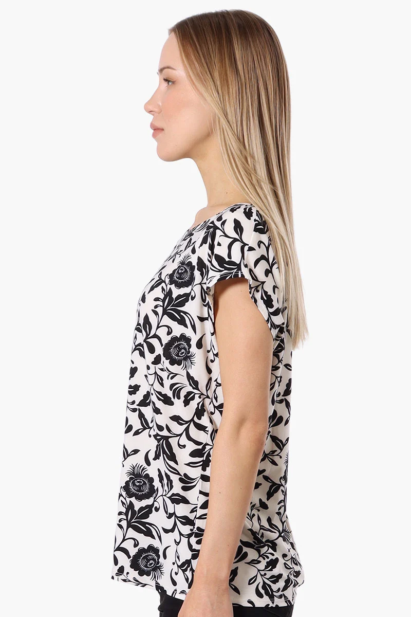Floral Cap Sleeve Circle Neck Tee - Cream - Image 2