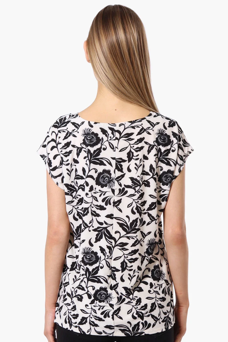 Floral Cap Sleeve Circle Neck Tee - Cream - Image 3