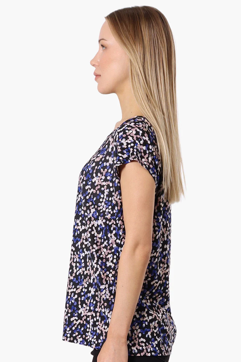 Patterned Cap Sleeve Circle Neck Tee - Navy - Image 2