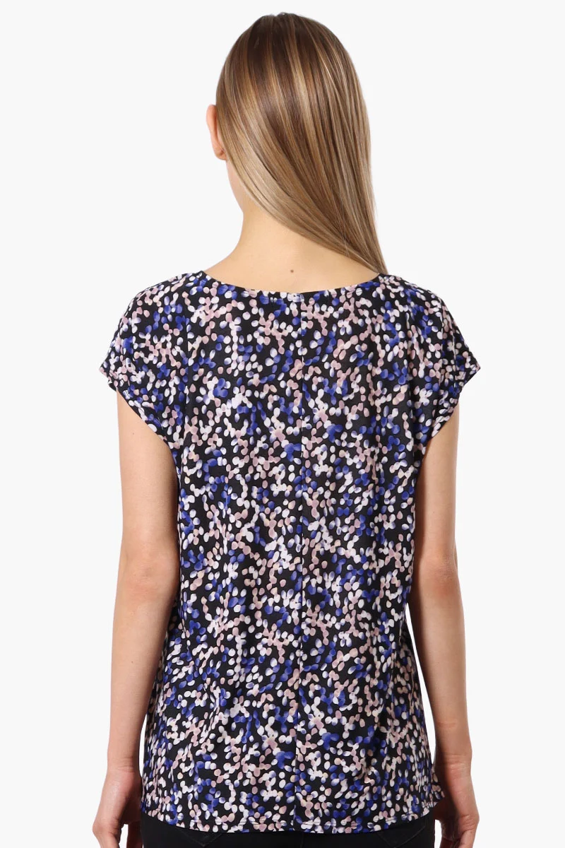 Patterned Cap Sleeve Circle Neck Tee - Navy - Image 3