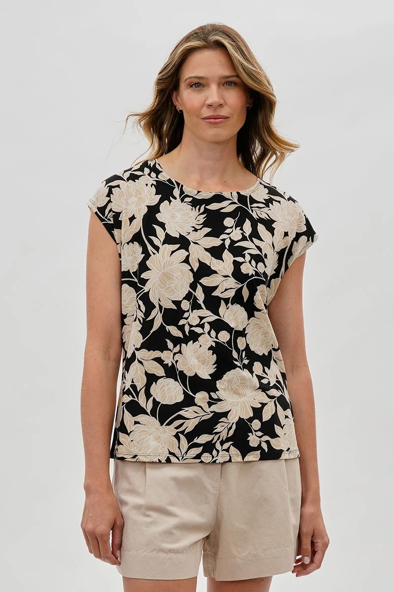 Floral Cap Sleeve Blouse - Black