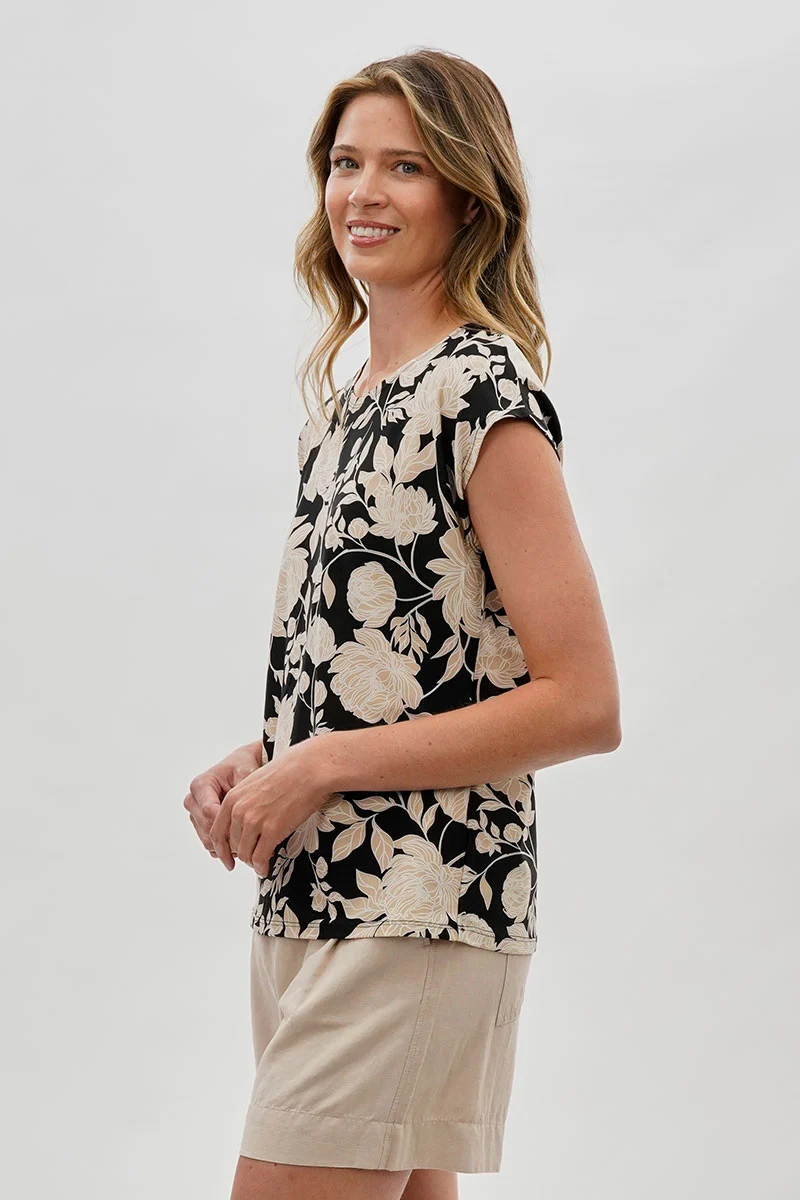 Floral Cap Sleeve Blouse - Black - Image 2