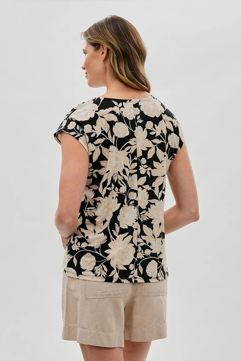 Floral Cap Sleeve Blouse - Black - Image 3