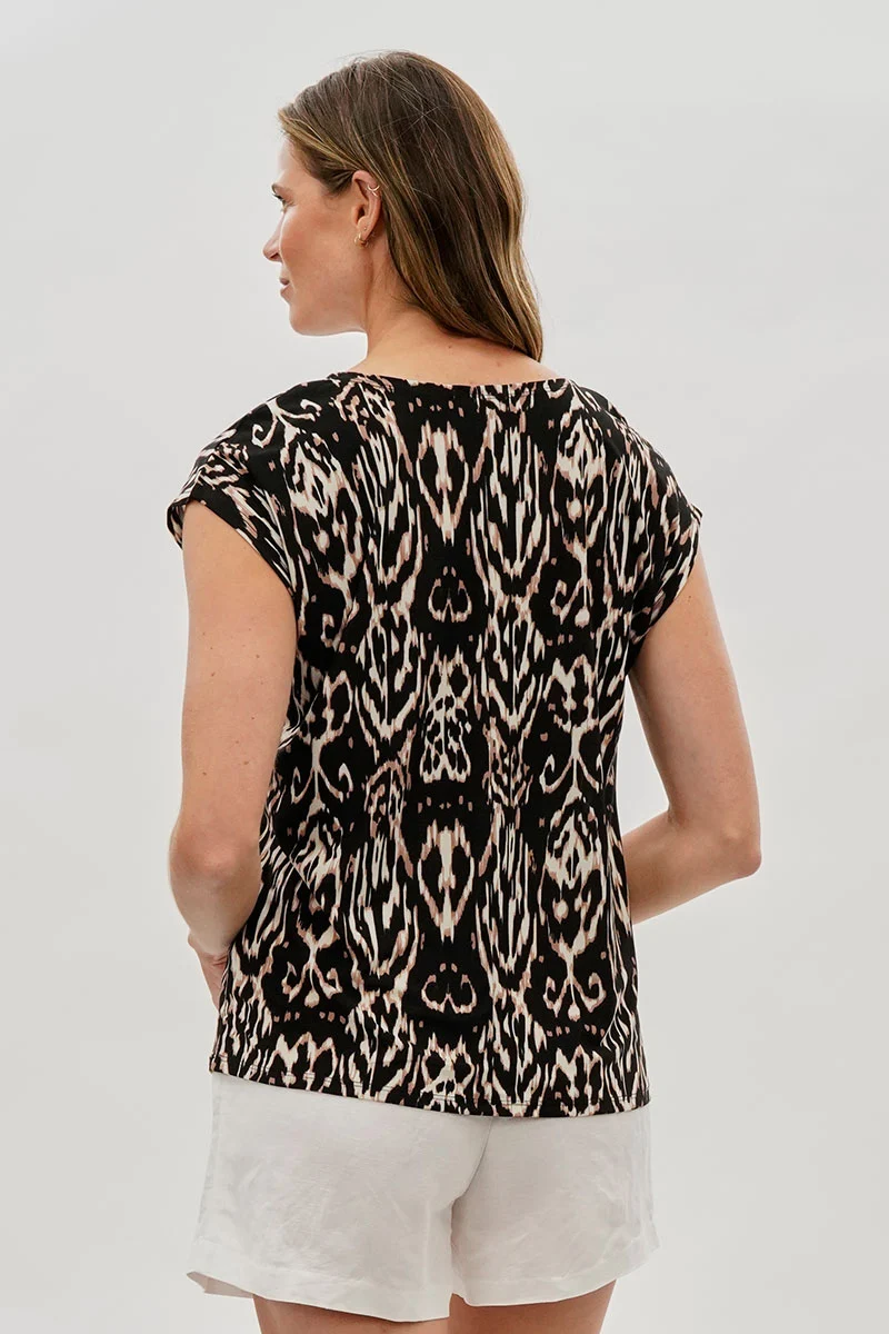 Patterned Cap Sleeve Blouse - Black - Image 3