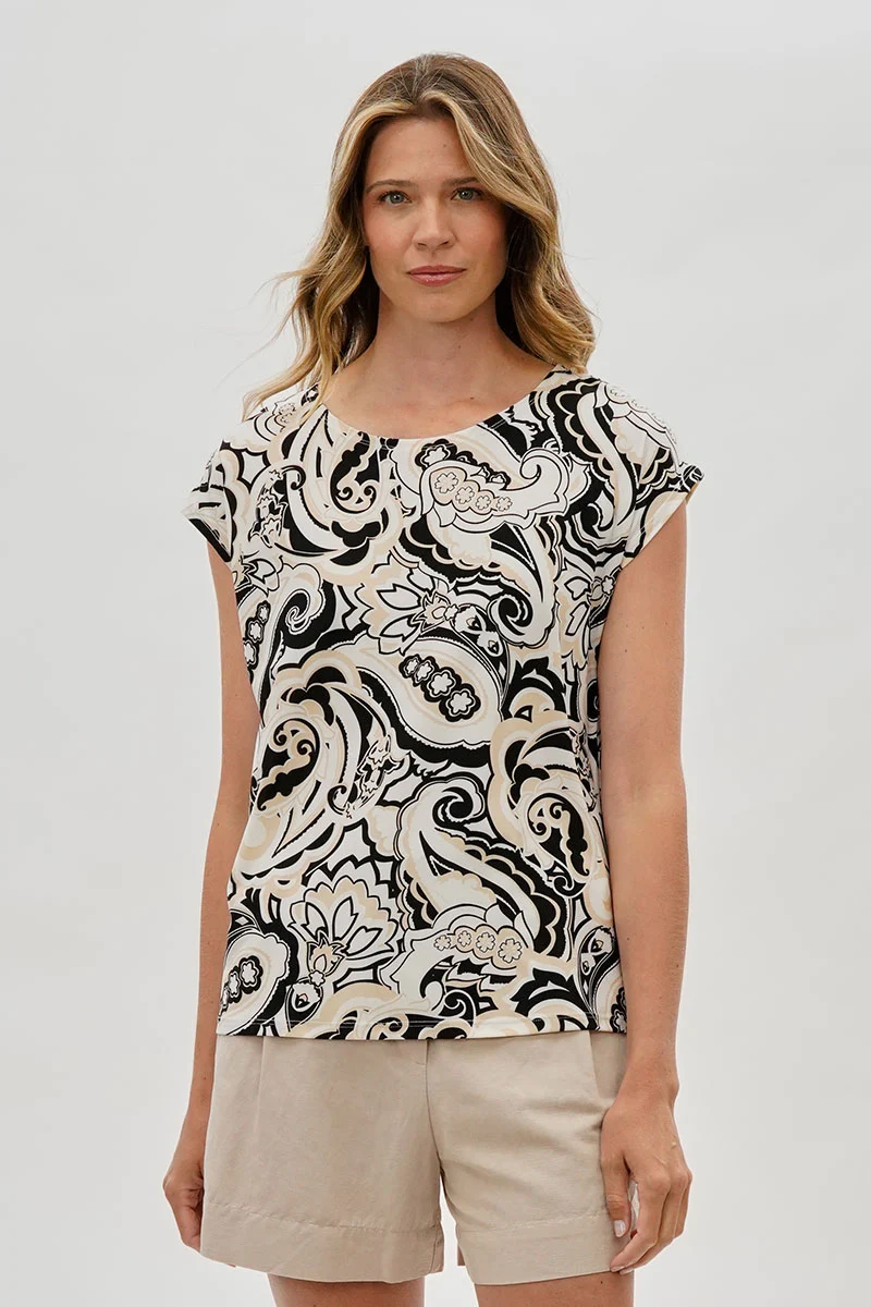 Patterned Cap Sleeve Blouse - Beige