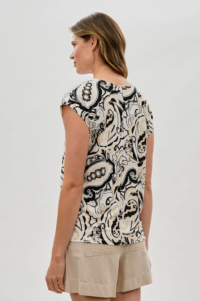Patterned Cap Sleeve Blouse - Beige - Image 3