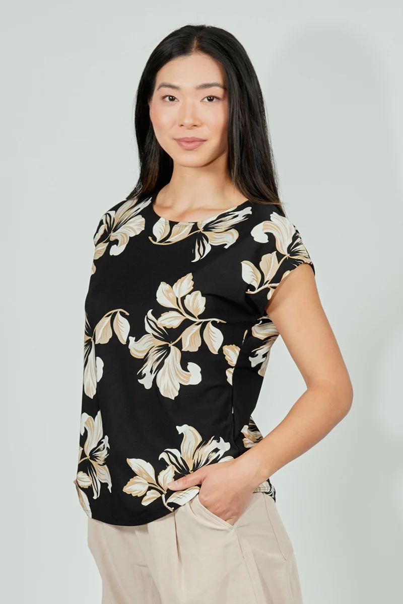 Floral Circle Neck Tee - Black - Image 2