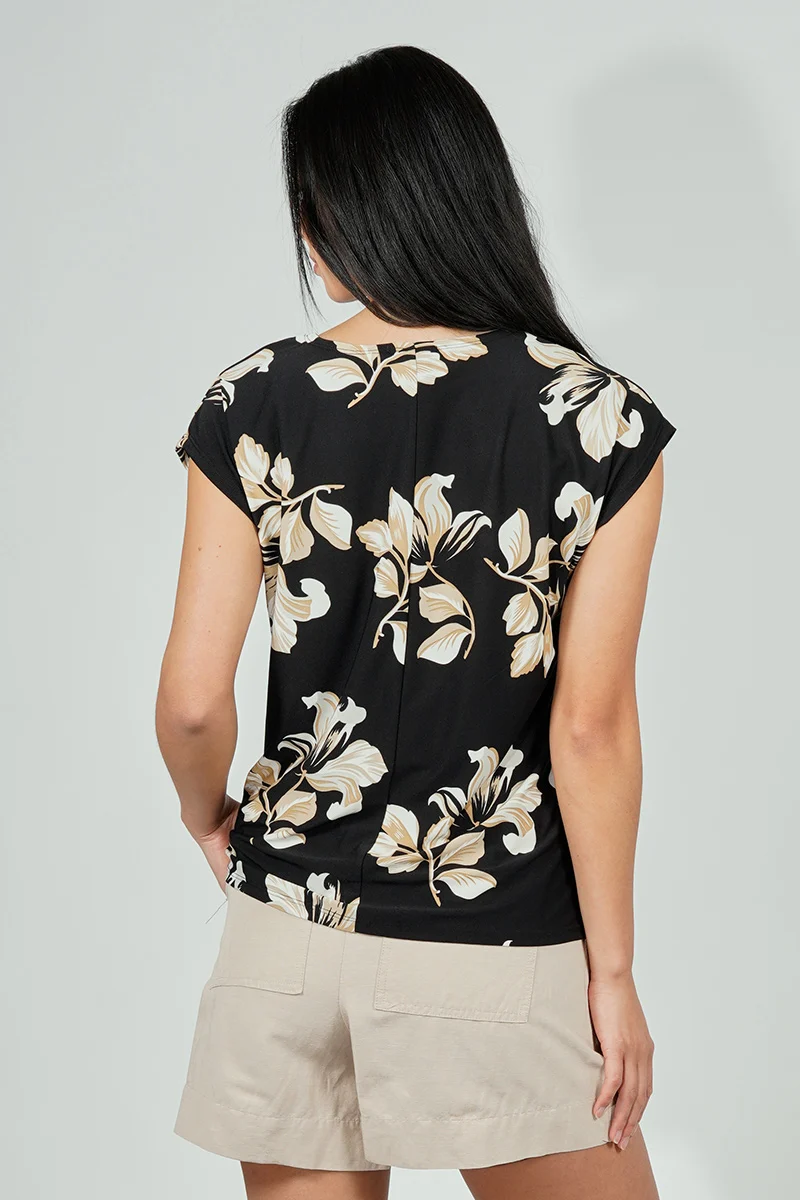 Floral Circle Neck Tee - Black - Image 3