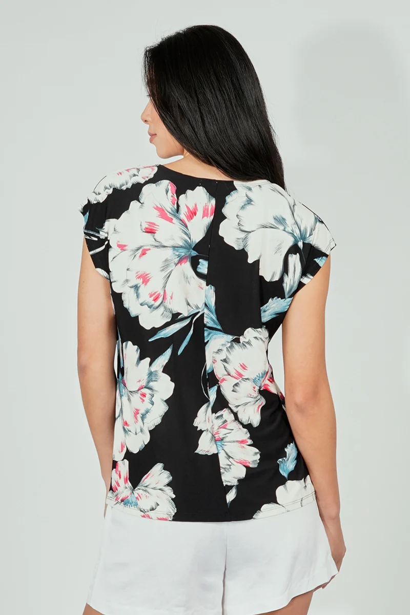 Floral Circle Neck Tee - Black - Image 3