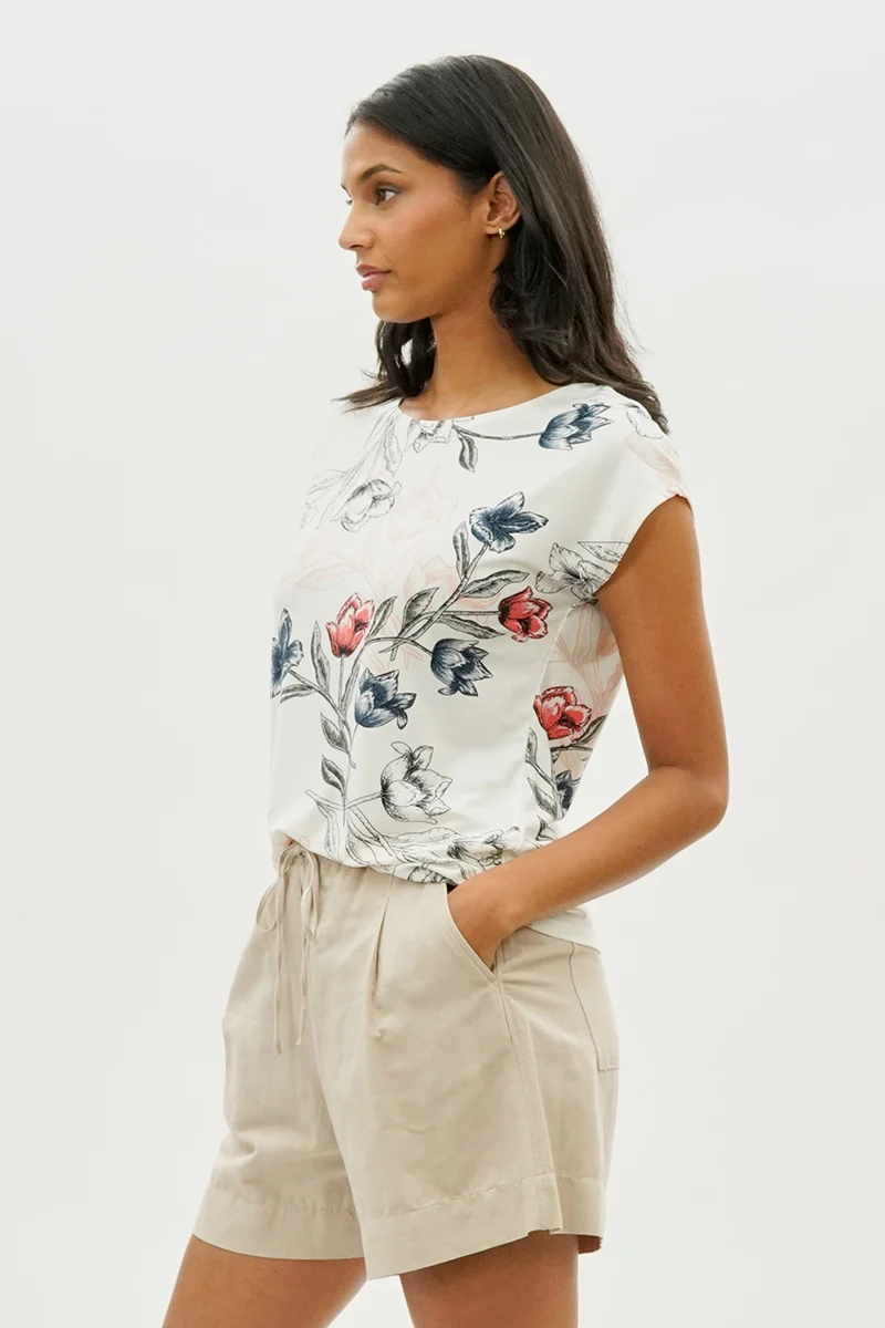 Floral Circle Neck Tee - Cream - Image 2