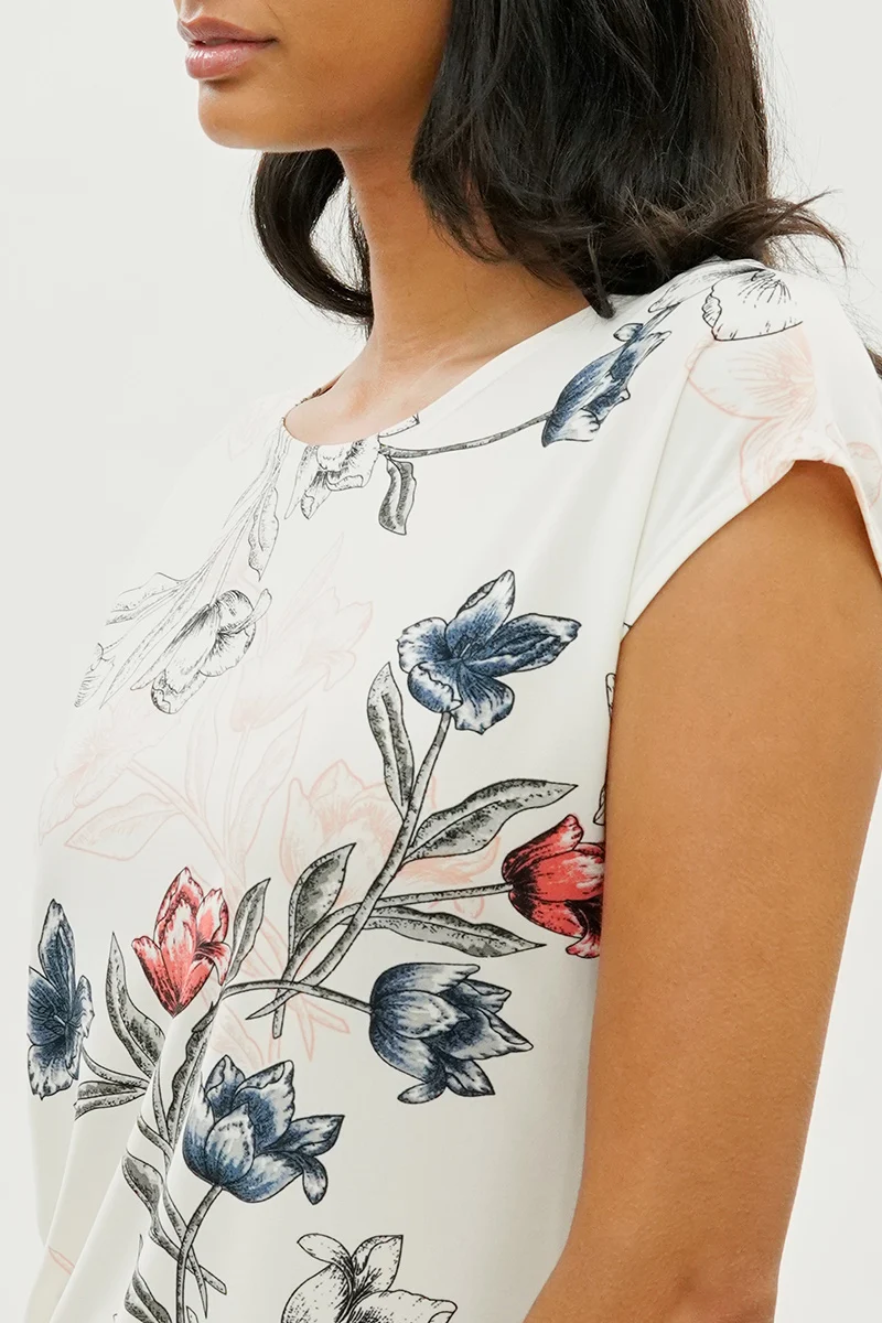 Floral Circle Neck Tee - Cream - Image 4