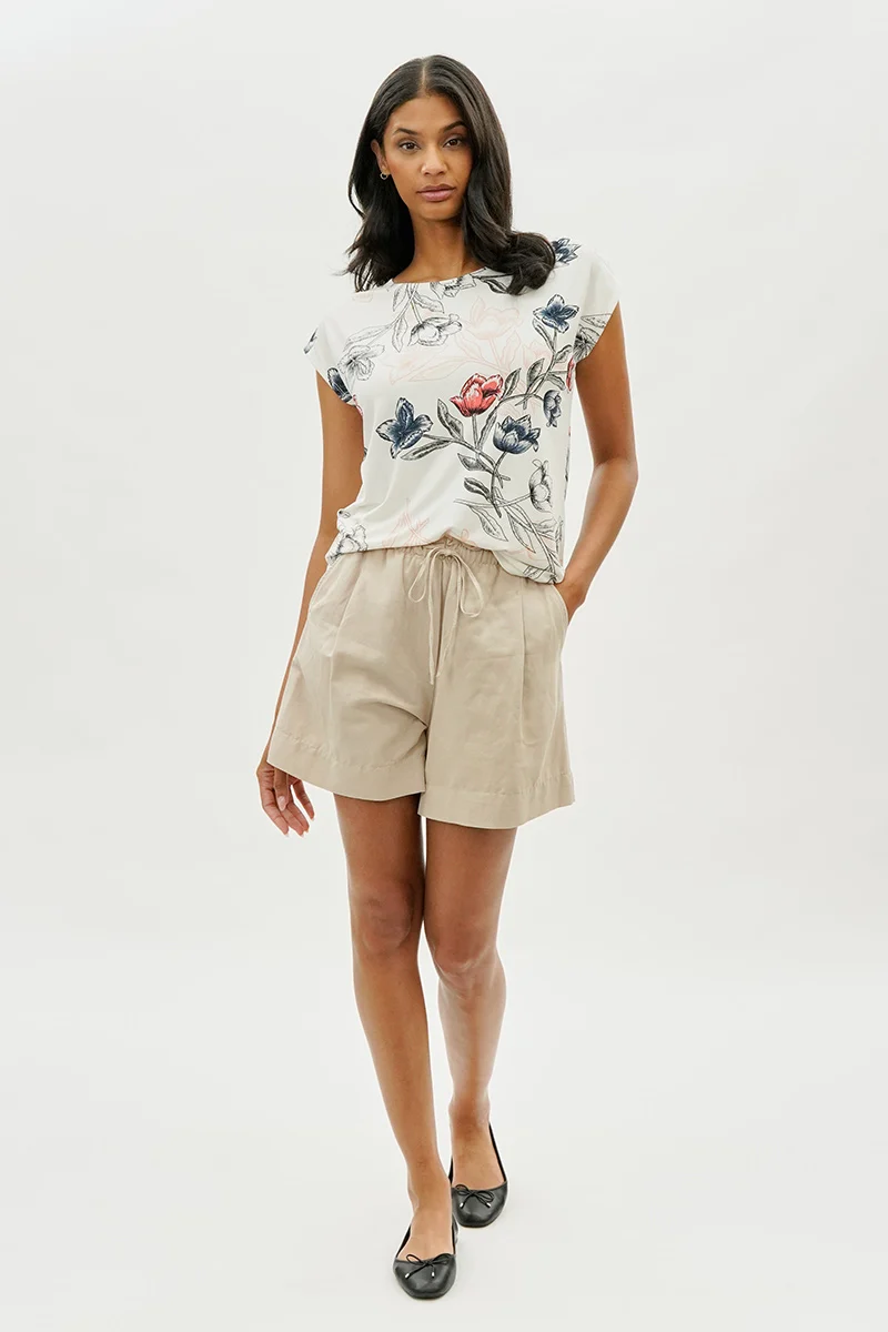 Floral Circle Neck Tee - Cream - Image 5