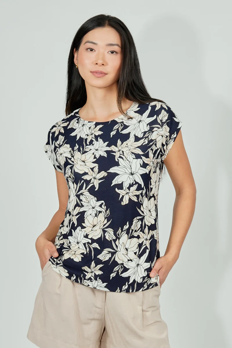 Floral Circle Neck Tee - Navy