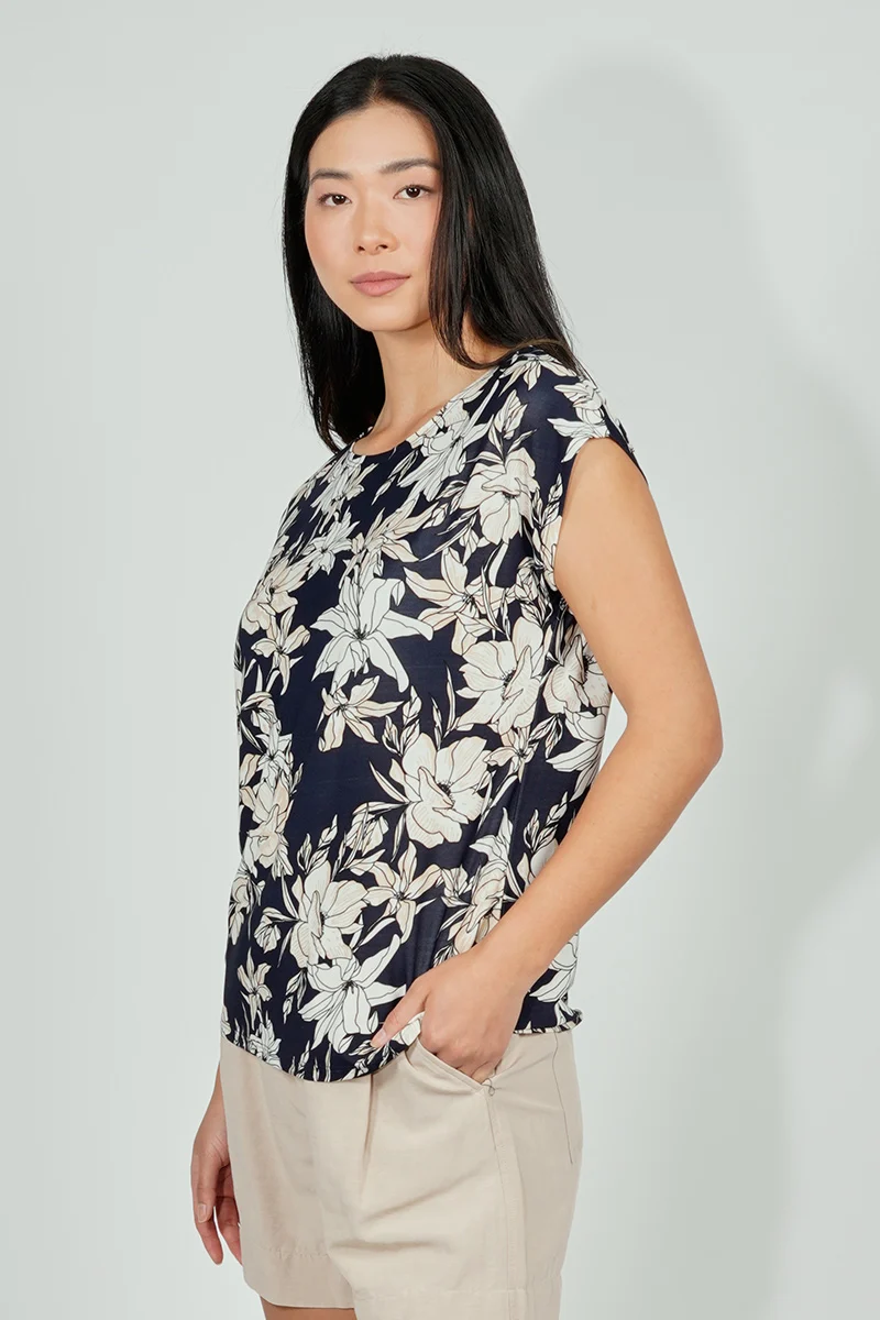 Floral Circle Neck Tee - Navy - Image 2