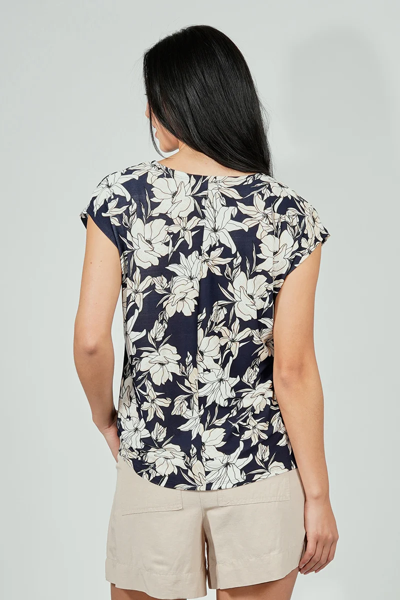 Floral Circle Neck Tee - Navy - Image 3