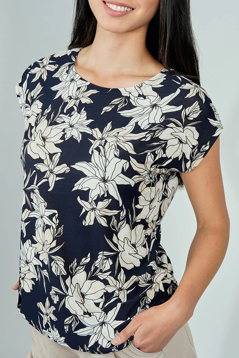 Floral Circle Neck Tee - Navy - Image 4