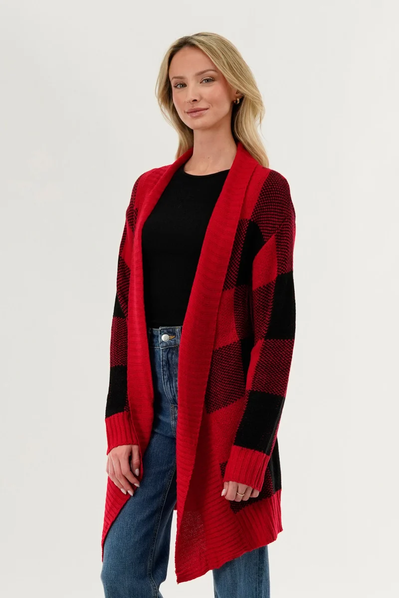 Plaid Fold Over Wrap Cardigan - Red - Image 2