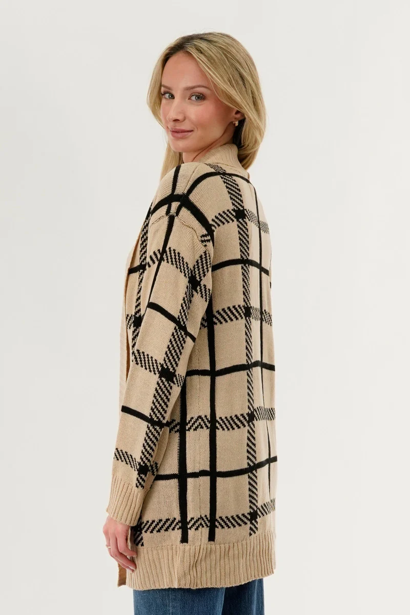 Plaid Fold Over Wrap Cardigan - Beige - Image 3