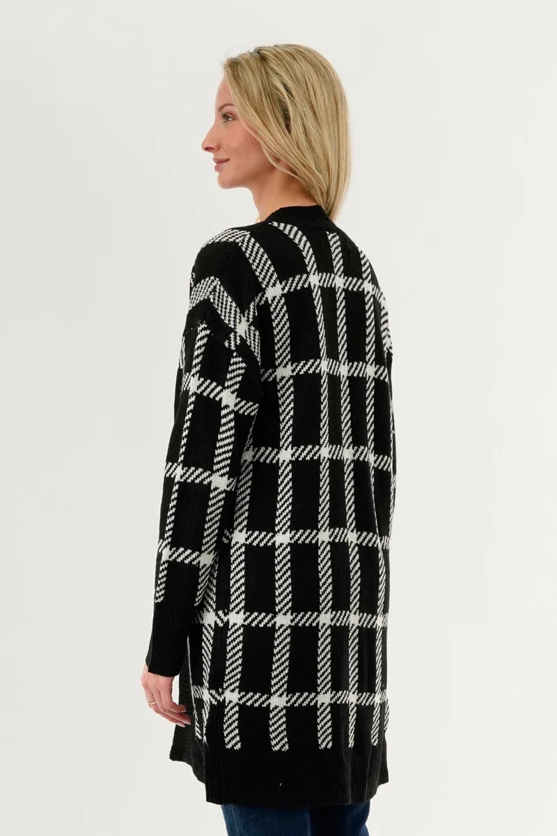 Plaid Fold Over Wrap Cardigan - Black - Image 3