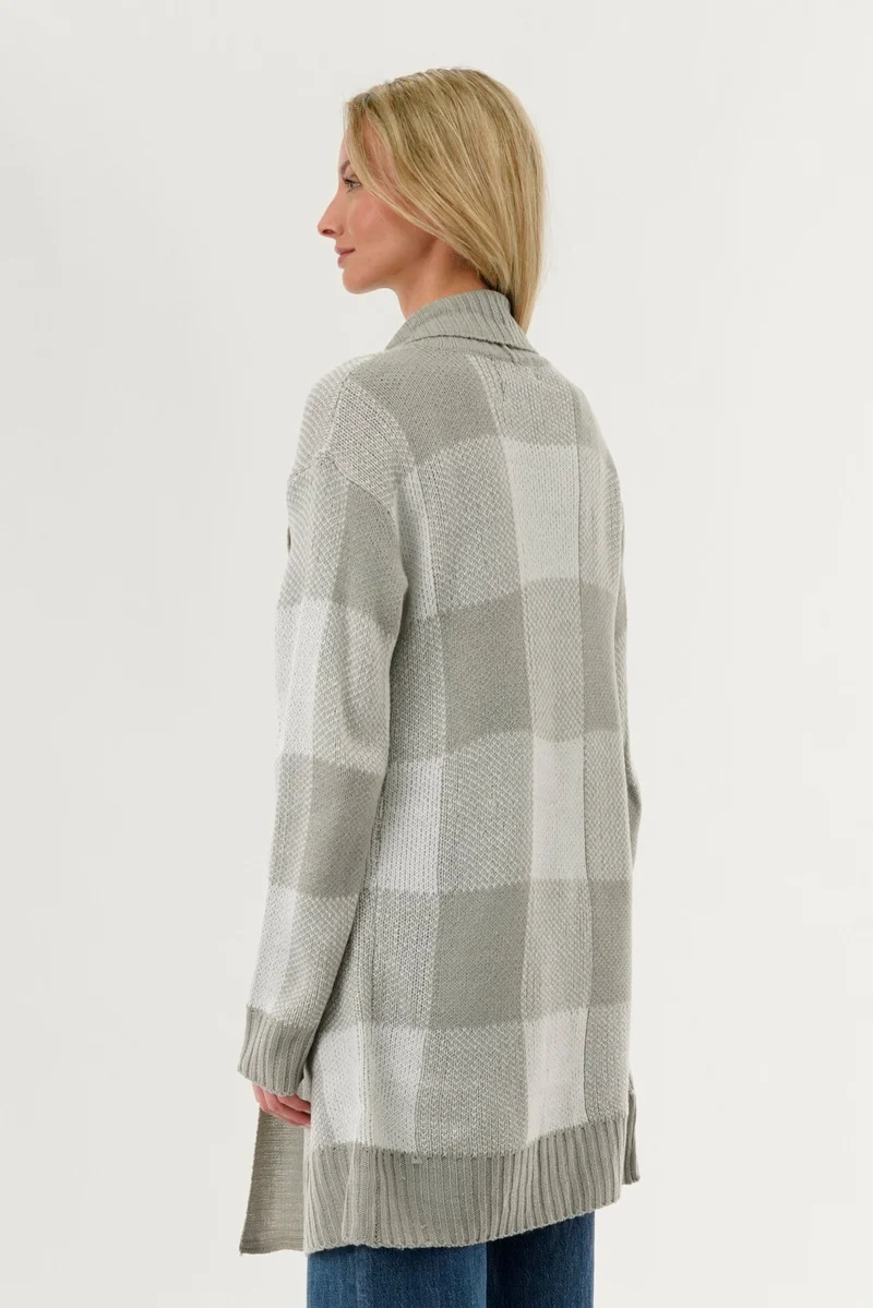 Plaid Knit Fold Over Cardigan - Grey - Image 3