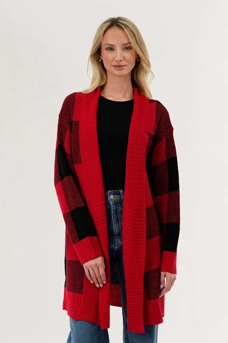 Plaid Knit Fold Over Cardigan - Red