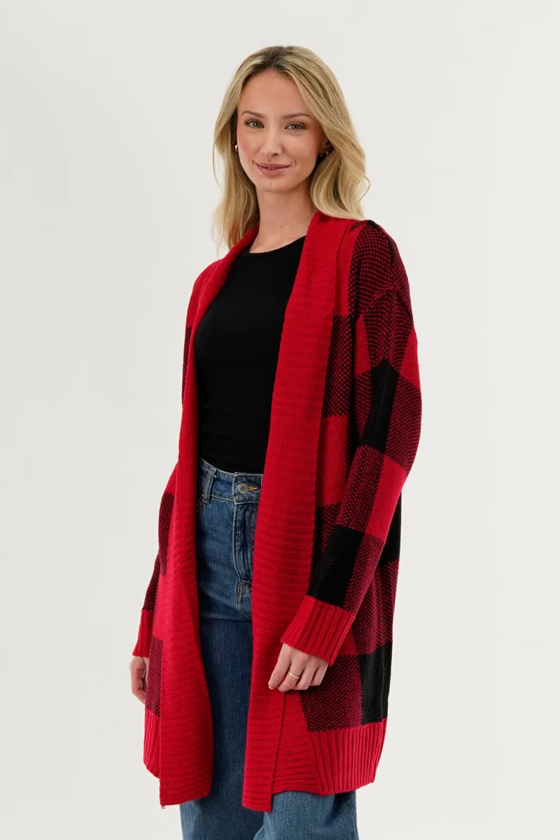 Plaid Knit Fold Over Cardigan - Red - Image 2