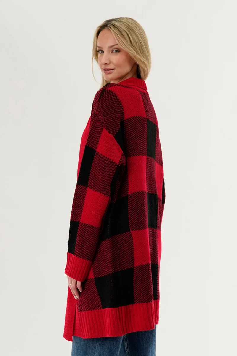 Plaid Knit Fold Over Cardigan - Red - Image 3