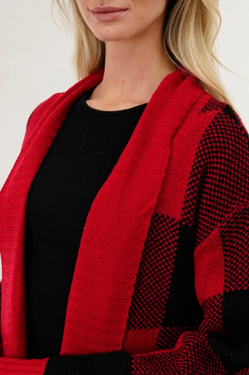 Plaid Knit Fold Over Cardigan - Red - Image 4