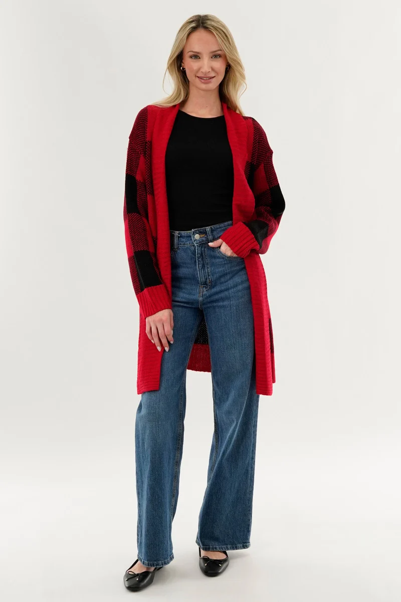 Plaid Knit Fold Over Cardigan - Red - Image 5