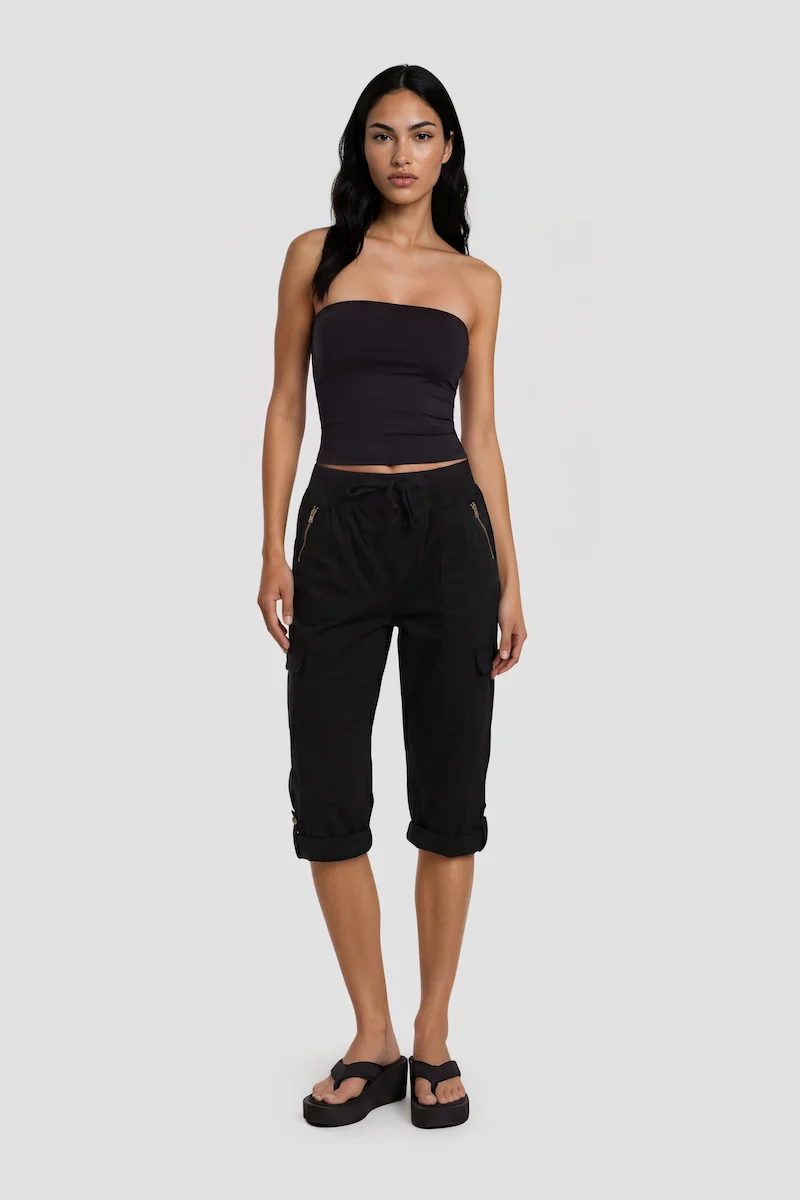 Tie-Up Capri Pant With Cuffed Hems - Black