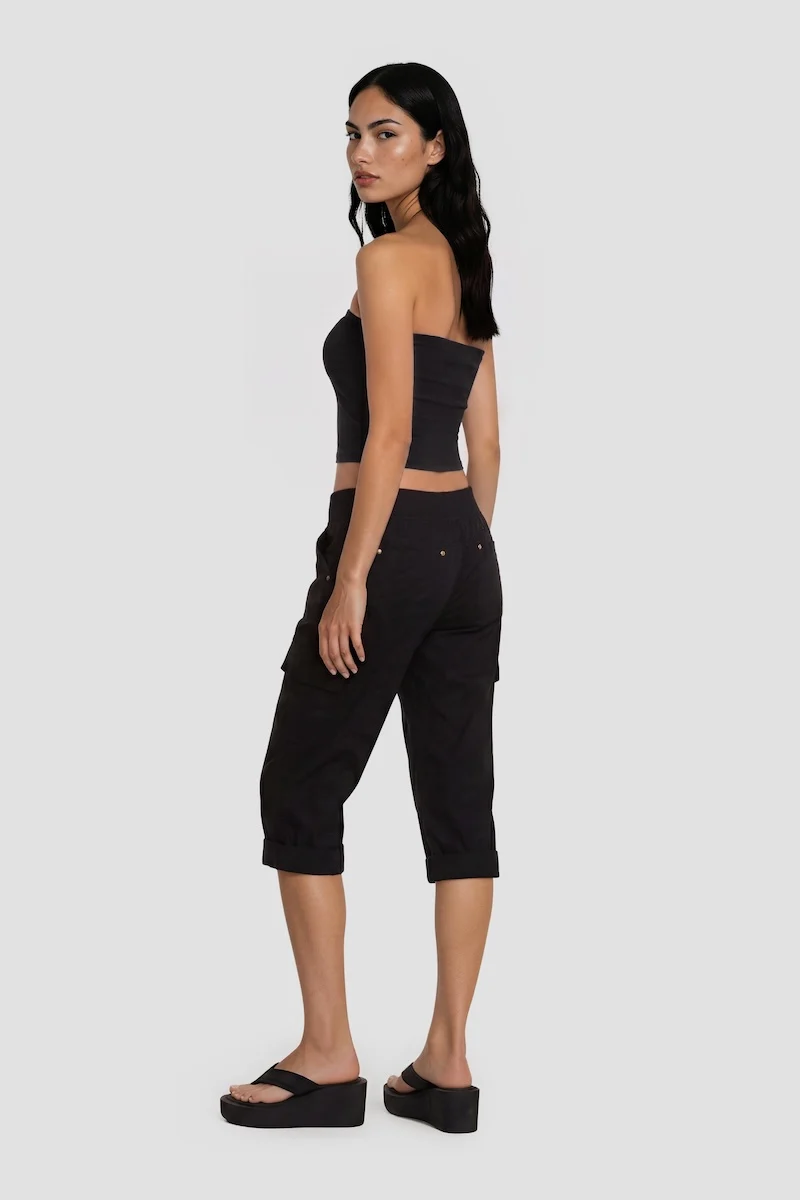 Tie-Up Capri Pant With Cuffed Hems - Black - Image 2