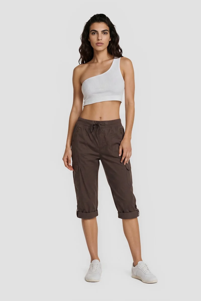 Tie-Up Capris With Cuffed Hems - Brown