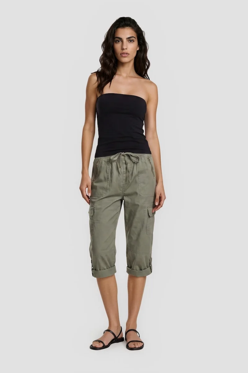 Tie-Up Capri Pant With Cuffed Hems - Green