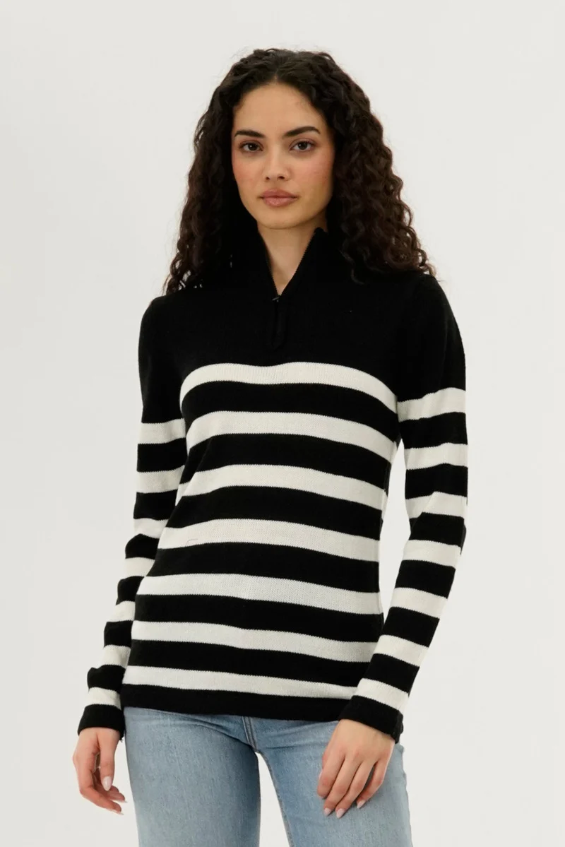 Striped Half Zip Pullover Sweater - Black