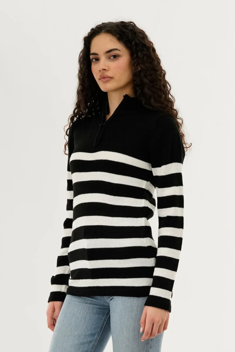 Striped Half Zip Pullover Sweater - Black - Image 2