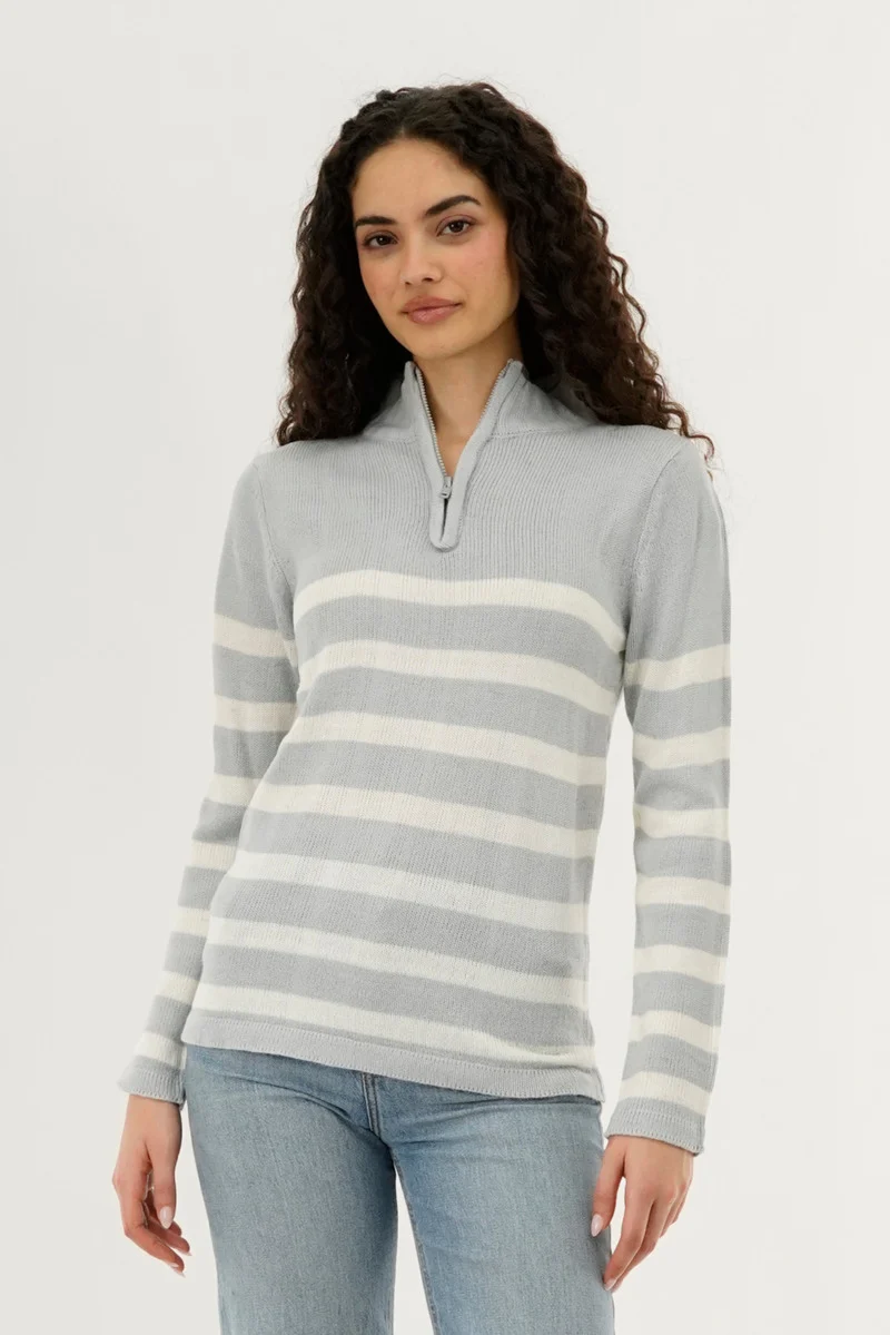 Striped Half Zip Pullover Sweater - Stone
