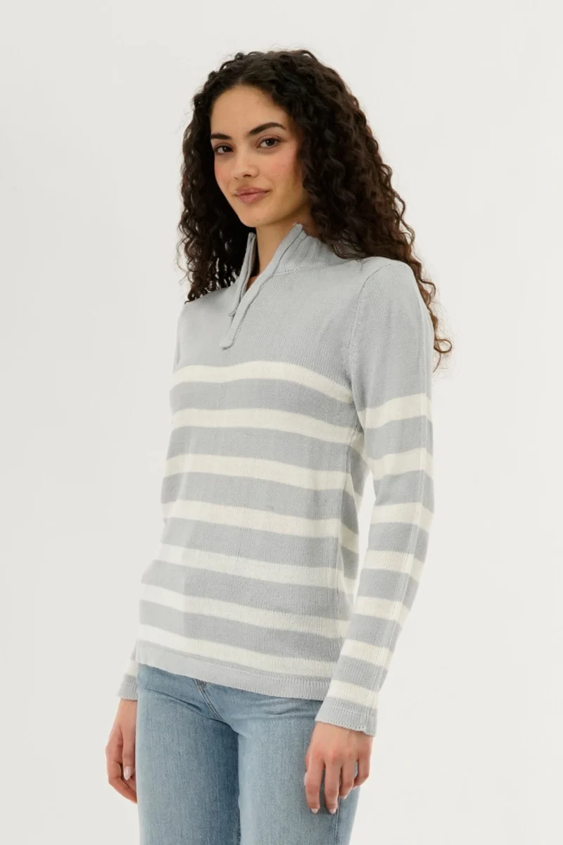 Striped Half Zip Pullover Sweater - Stone - Image 2