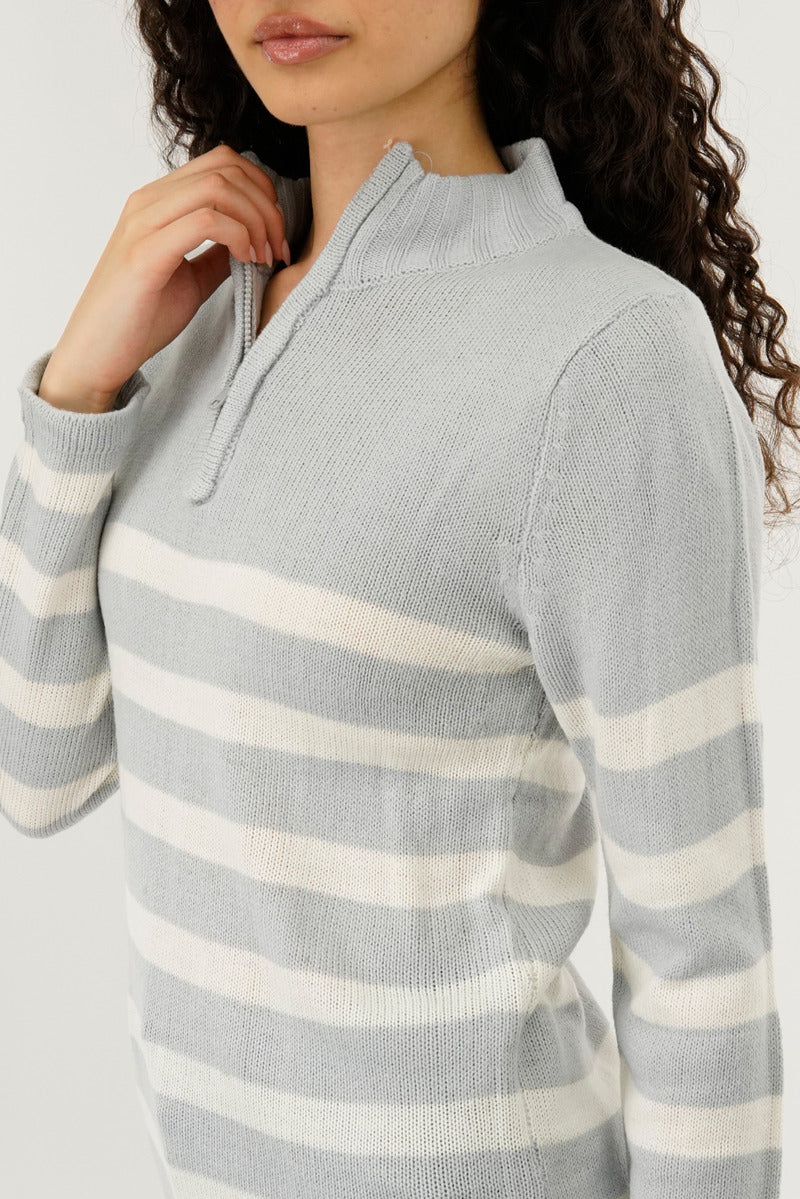 Striped Half Zip Pullover Sweater - Stone - Image 4
